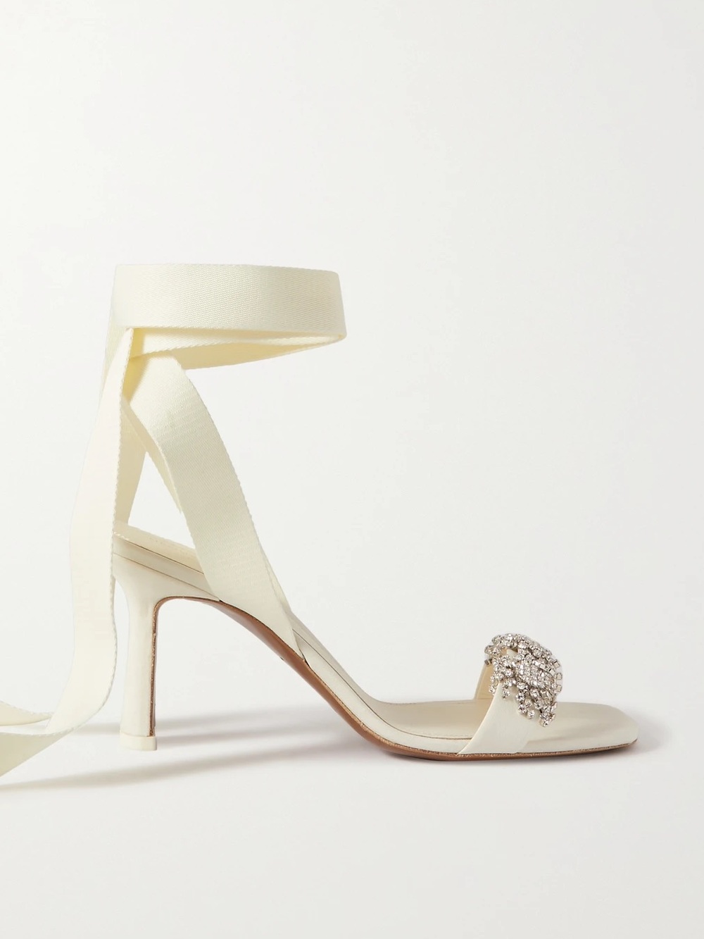 Crystal-Embellished Ivory Ankle-Tie Heels